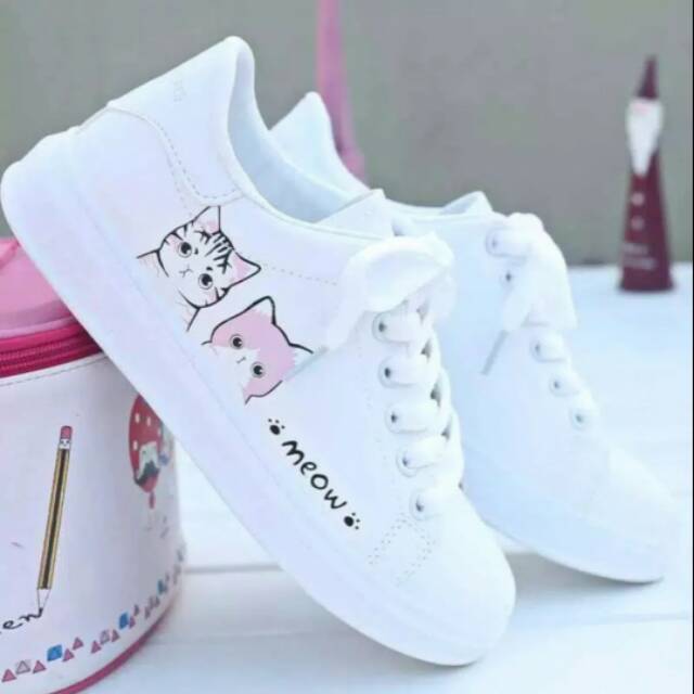 Promo Sepatu Anak Print Motif Meow Putih Pink