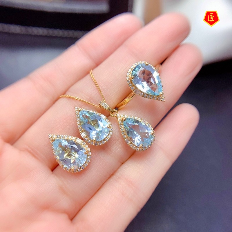 [Ready Stock]Natural Blue Topaz Necklace Set Rings Ear Studies