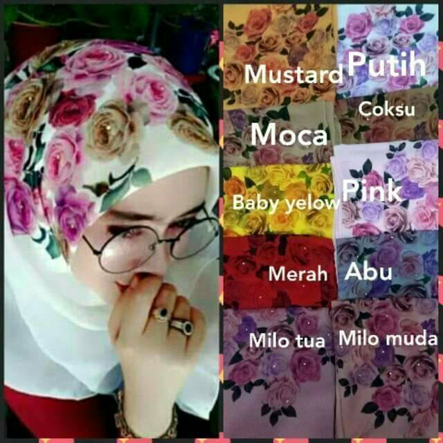 Jilbab segiempat motif / bella square printing pollycoton bunga mutiara  / scraft lukis
