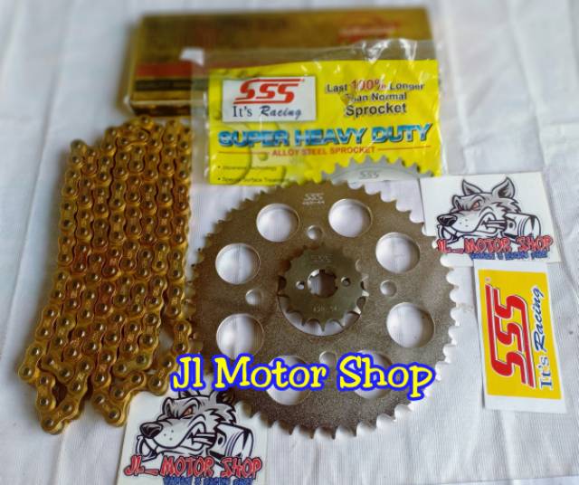 GIRSET GEARSET GIR GEAR SET SSS 428 CBR CB 150 R15 VIXION JUPITER MX KING SONIC MEGAPRO VERZA TIGER GL Pro Jupiter Z MX Vega Ninja Satria Supra GTR RXKING RXK RX KING KARISMA SUPRA RXZ BYSON CRYTON Rantai Warna GOLD MERAH HIJAU TUA KUNING BIRU