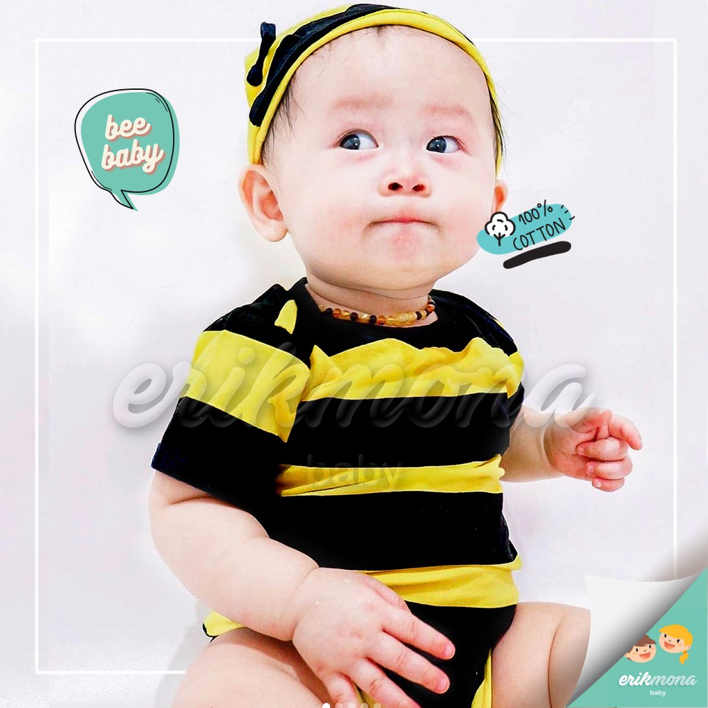 Ermon Baby - Jumper Bayi Laki Laki Perempuan Jumper Baby Cowok Cewek Lucu Karakter Lebah Bee + Topi Usia 0 - 12 Bulan