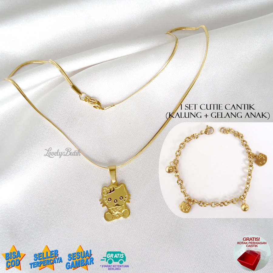 Lovelybutik Set Kalung Anak Titanium Anti Karat Free Gelang Tangan Anak Cewek Bahan Titanium Model Cutie Doll Terbaru Bonus Kotak Perhaisan