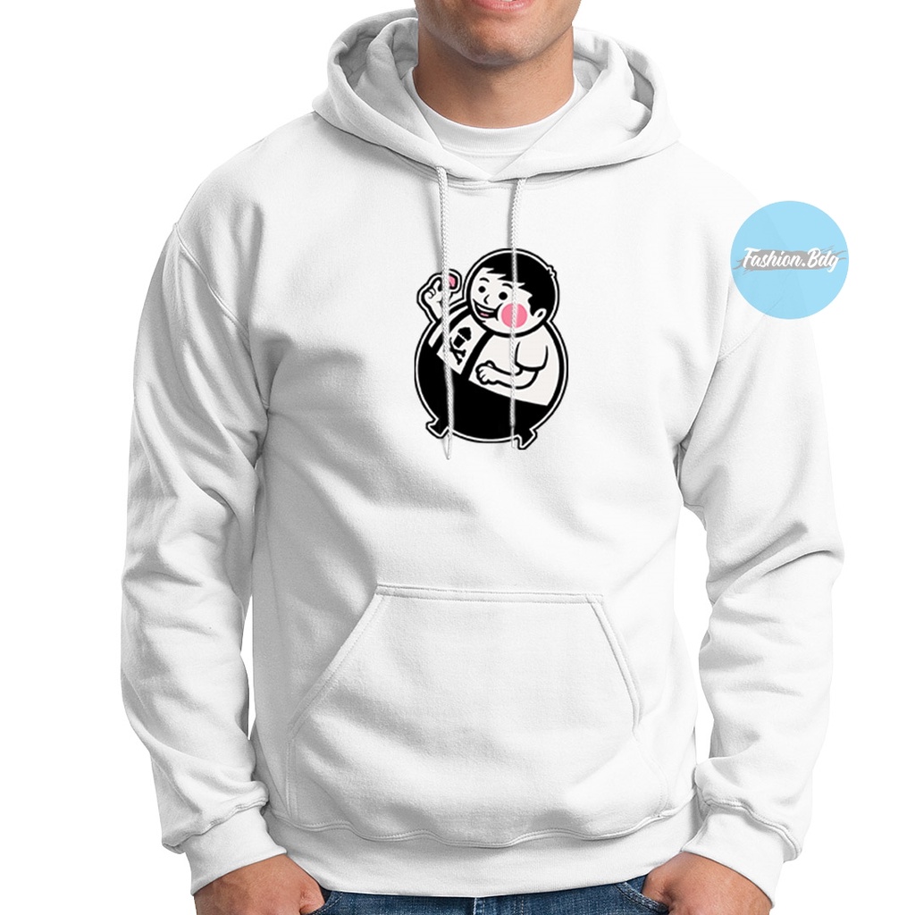 Sweater Hoodie Gembul Cartoon Sticker Bahan Fleece Warna Hitam Navy Merah Abu