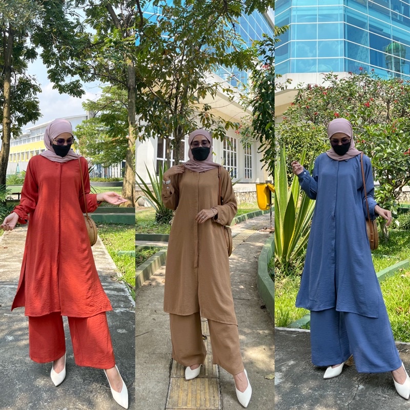 SET LONG TUNIK HANUM CRINKEL AIRFLOW TERBARU KEKIKINAN SETELAN WANITA POLOS 2022 TERLARIS