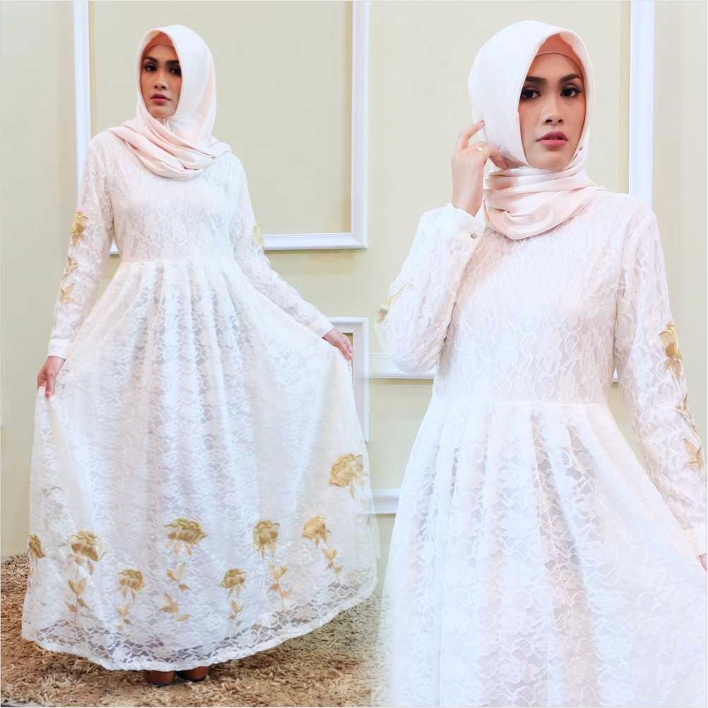 DRESS BRUKAT FURING CANTIK MAXI DRESS BROKAT BORDIR BUNGA TEMPEL