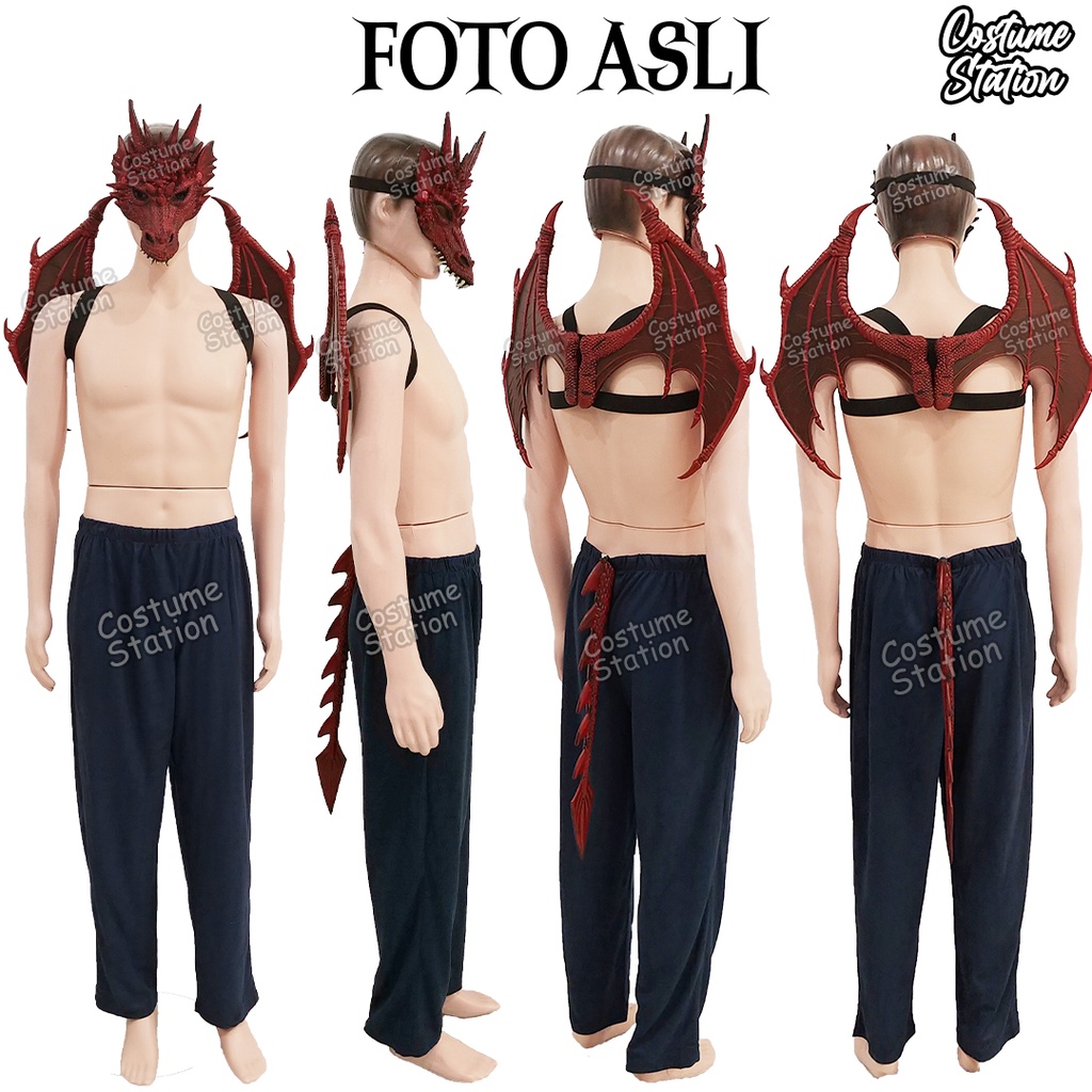 Set Topeng Sayap Ekor Naga / Dragon Mask Wings Tail Set Hewan Pesta Halloween dewasa