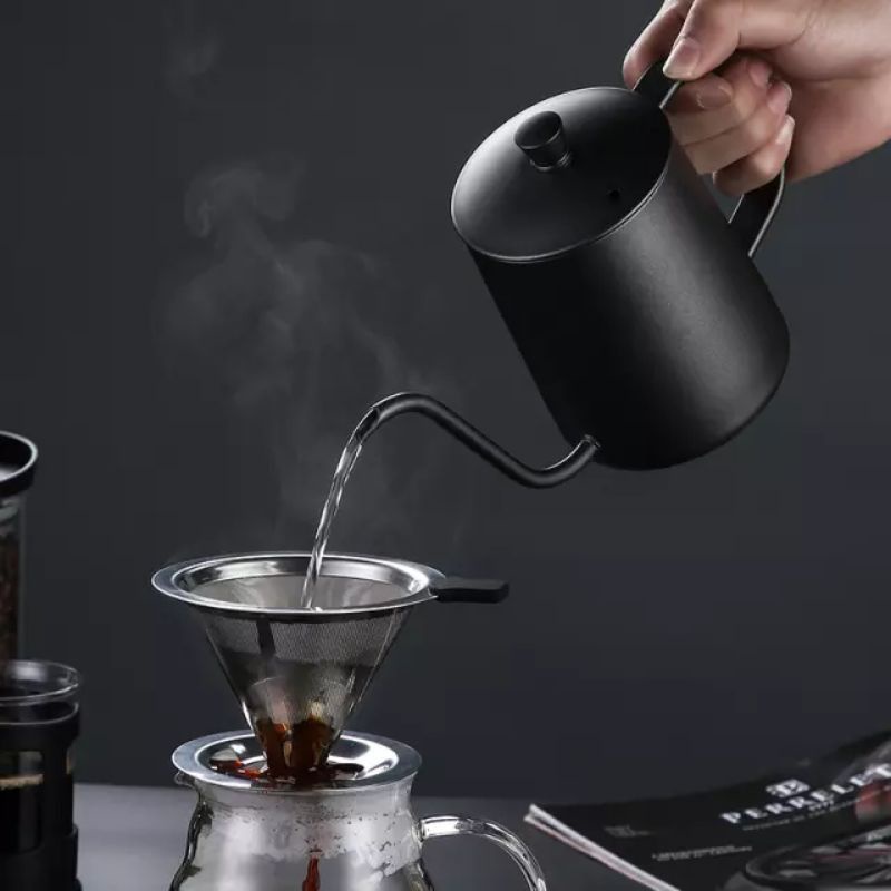 Teko Kopi Leher Angsa V60 350 ml 600 ml Thermometer Black Teflon / Pour Over Coffee Kettle Gooseneck Ketel Termometer Barista / Ketle Peralatan Penyeduh Kopi Coffee Maker Stainless Steel