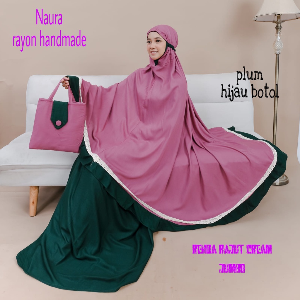 Mukena Naura Rayon Atasan Plum Bawahan 5 Variasi Warna Renda Rajut Cream Jumbo Handmade Bali Polosan Mukenah High Quality - Dewasa