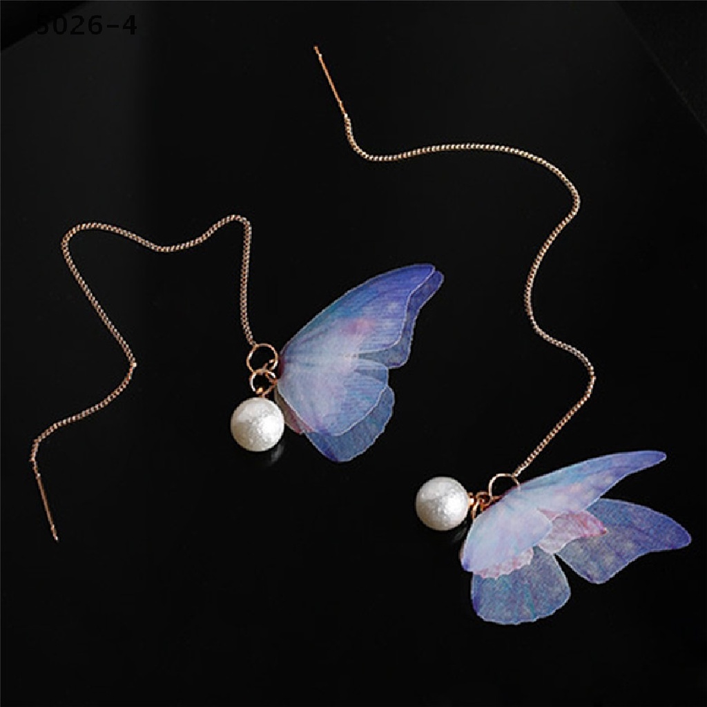 5026-4 1Pair Yarn Butterfly Dangle Earrings Long Ear Line Pearl Rhinestone Earrings 5026-4