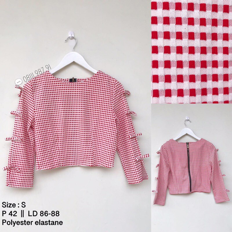 

blouse merah putih kotak kotak lengan tangan panjang pita kekinian