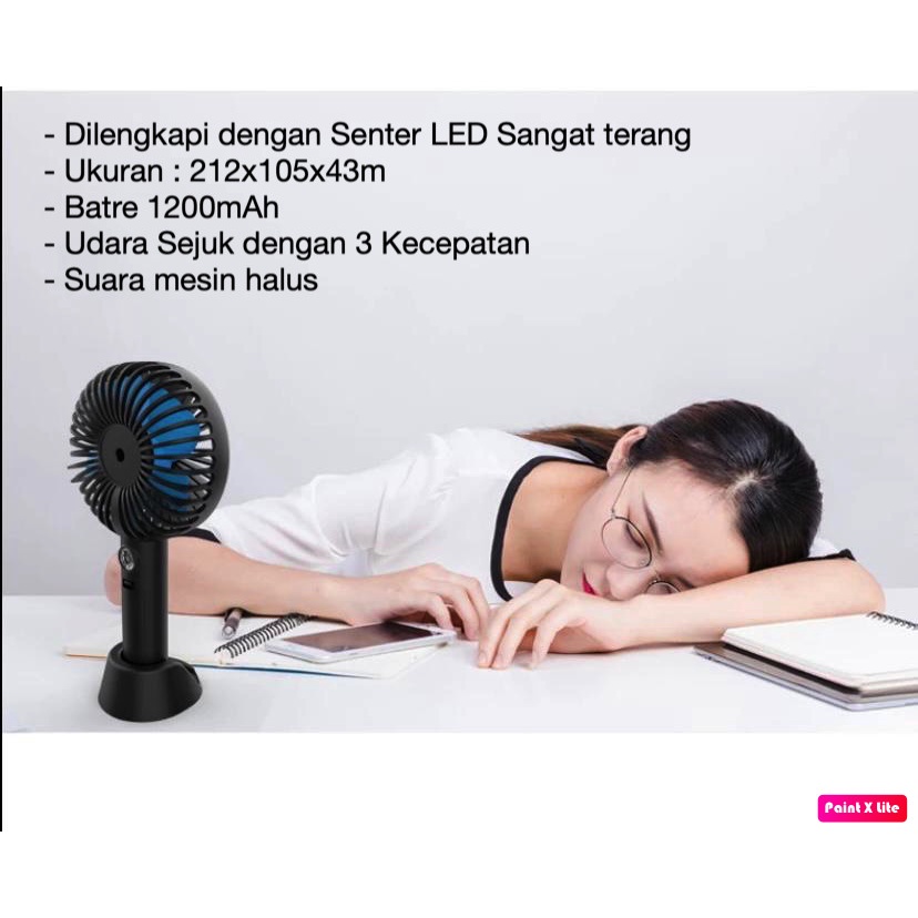 Kipas Angin Kecil Meja Portable Senter LED Charge Tenaga Batre Bulat