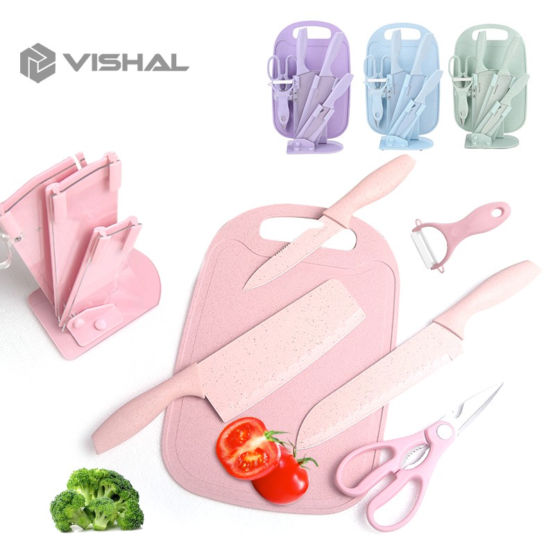 VISHAL 7 IN 1 Pisau + Talenan Masak Set Bahan Keramik Best Quality/Smart Chef/VS  | Pisau Dapur Set