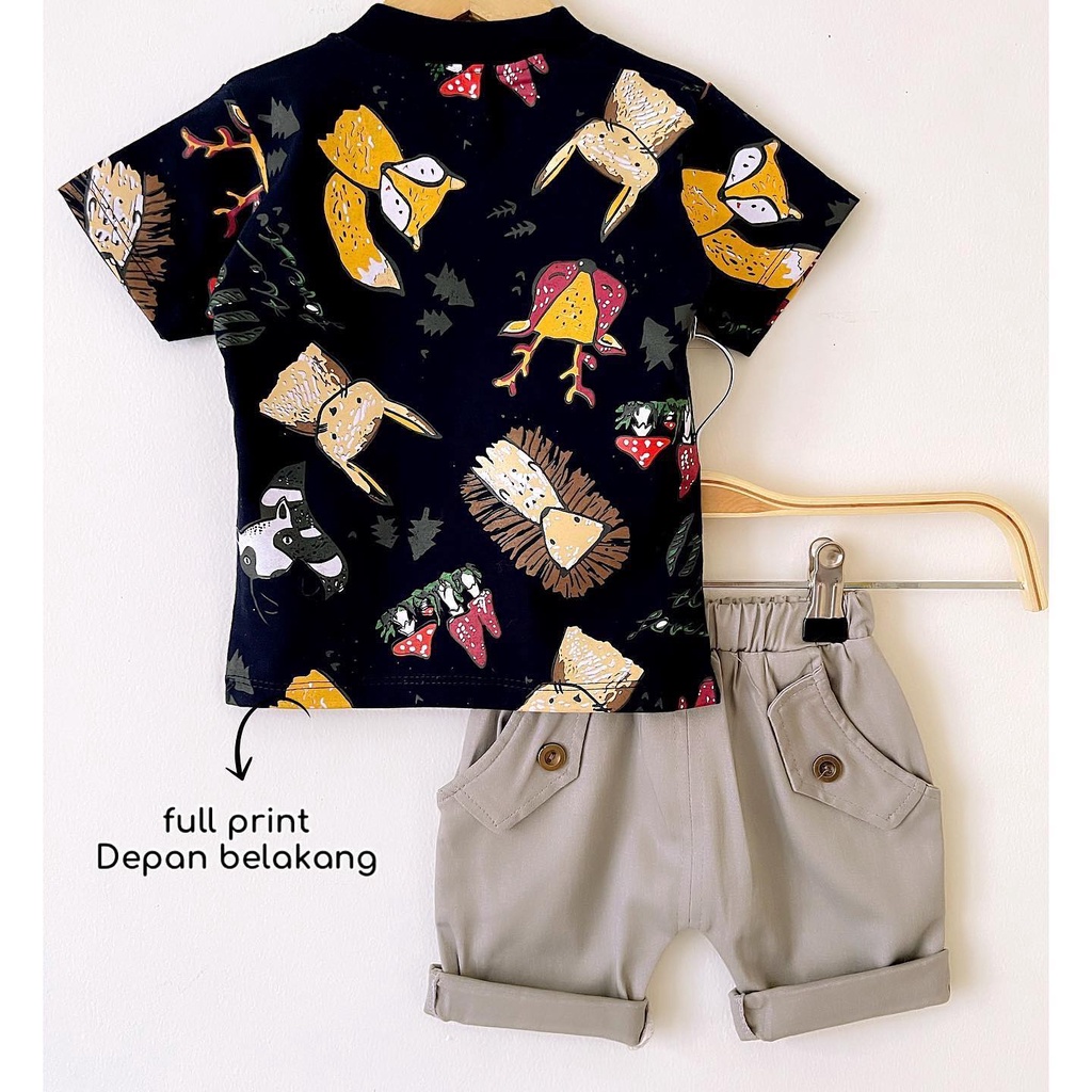 BERSERTIFIKASI SNI FOREST ANIMAL CHINOS SET / Whale Chinos Baju Setelan Kaos Celana Pergi Jalan Lucu Fashion Anak Bayi Cowok Laki Terlaris Lucu