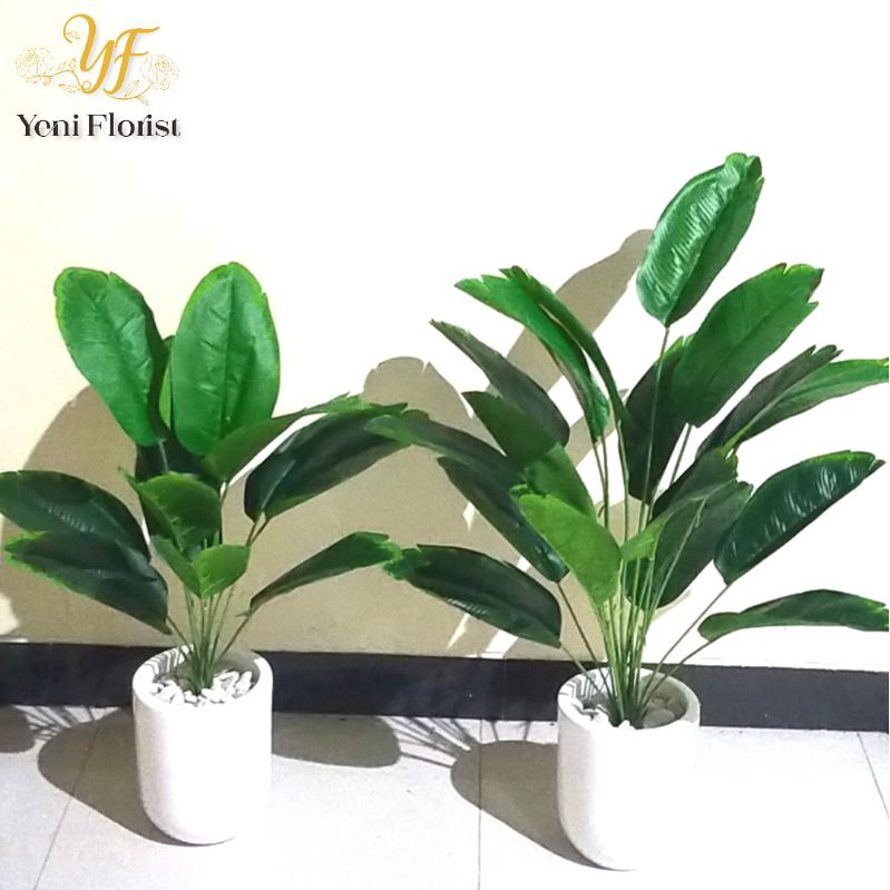 Daun pisang besar dan pot kayu/ bunga hydrangea bulat / bunga hias /banana tree / pohon pisang hias 