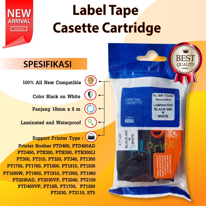 Label Tape TZE-241 TZE241 241 18mm x 8m Black On White Printer Brother