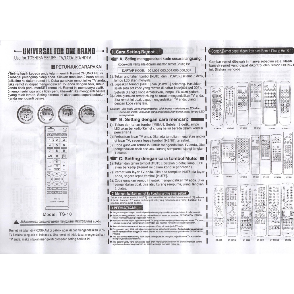 Remot / REMOTE MULTI TV LCD LED TOSHIBA Chung He TS- 10