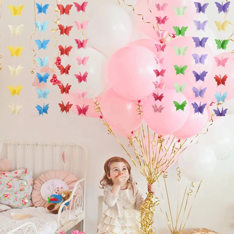 3D Colorful Paper Butterfly Garland Pull Flower Ornament Decoration For Birthday Party Supplies