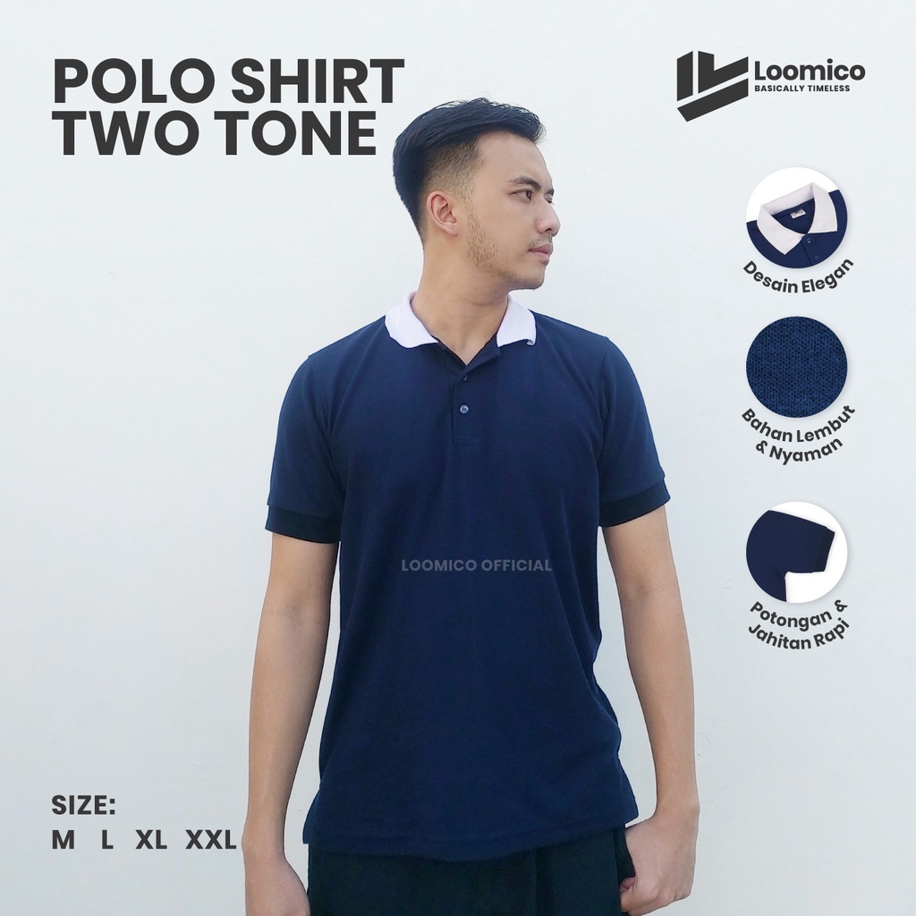 Loomico Premium Two Tone Polo Shirt CVC Lacoste Pique | Kaos Polo Kombinasi | Dark Navy - White