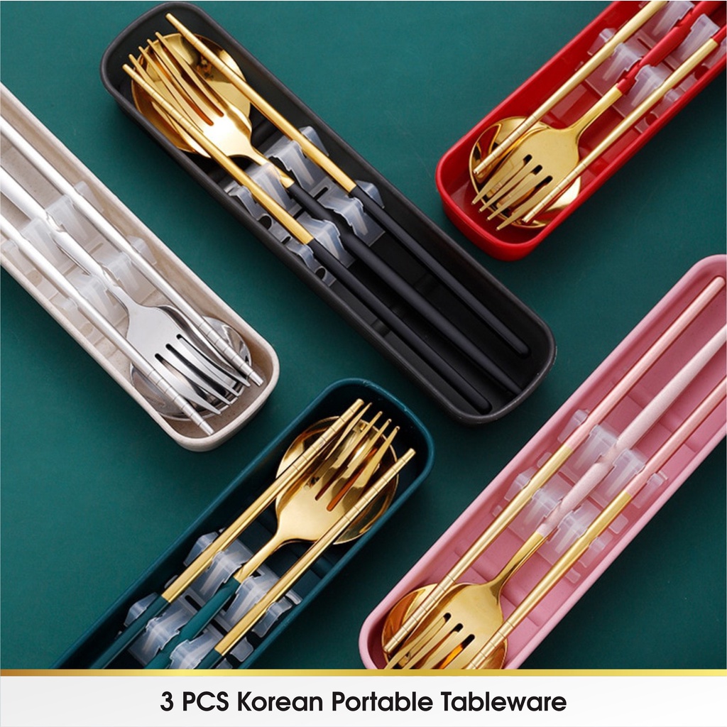 3 Pcs Set Sendok Alat Makan Cutlery Korea Garpu Sumpit Set Box Stainless Steel Travel Silver Gold Peralatan Makan Korea