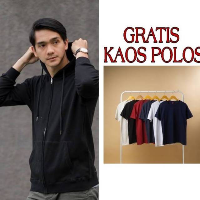 SWEATER HOODIE ZIPPER JAKET POLOS HITAM COTTON FLEECE GRATIS KAOS POLOS