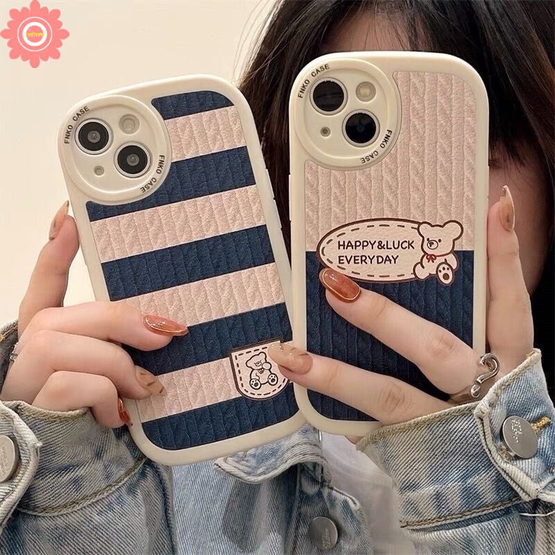 Case Beruang Kartun Lucu Redmi Note10 8 9 9s 10s 11Pro 11 11s 9pro 10pro Max Redmi 12C 10 9T 9A 9 10C 9C NFC POCO M3 X3 Pro X3 NFC Rajut Motif Garis Splicing Lembut TPU Cover