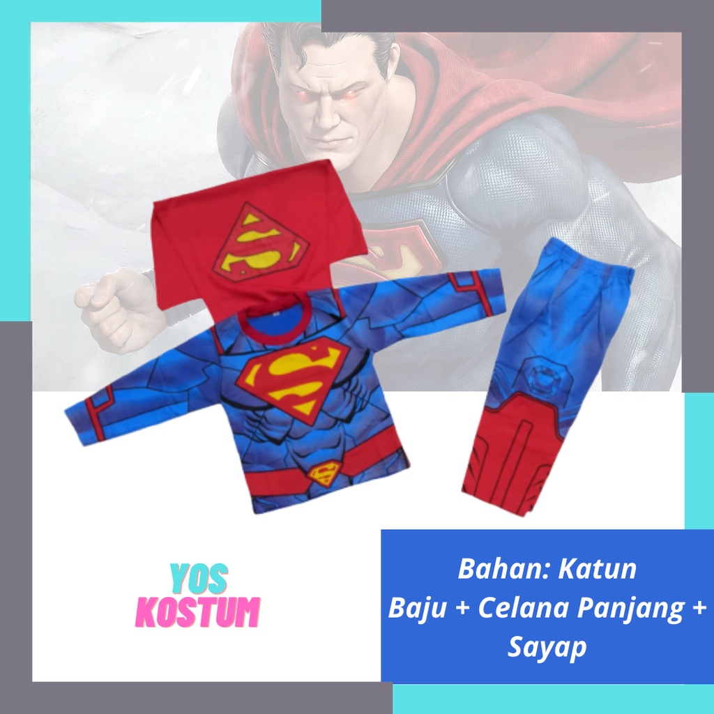 Setelan Kostum Anak Laki-Laki Superman III Baju Superhero Sayap Karakter Cowok