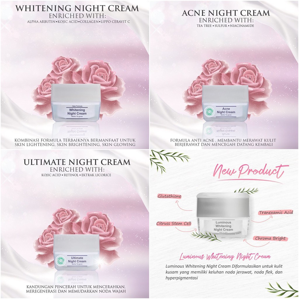 MS GLOW Night Cream Whitening | Acne | Luminous | Ultimate Cream Malam 12gr