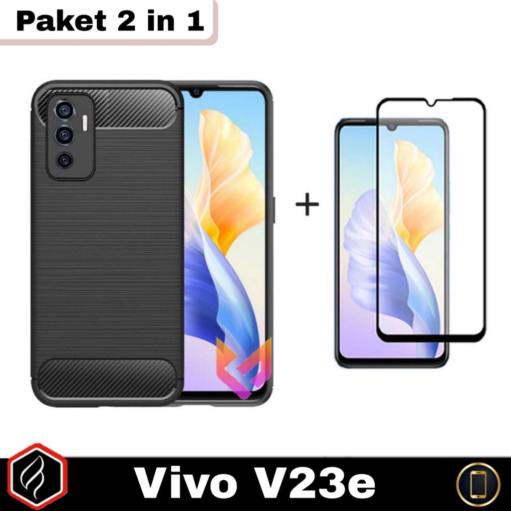 Paket 2 in 1 Case Carbon Vivo V23E Free Tempered Glass Layar