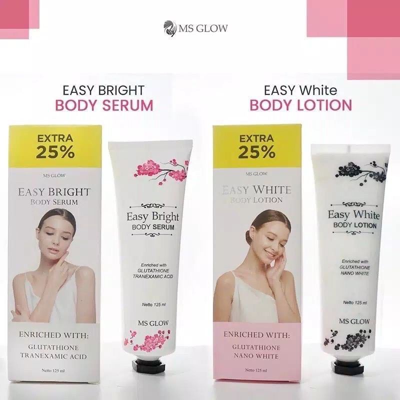 Paket Body Serum &amp; Lotion Easy Bright MS Glow Whitening Glowing Pemutih Badan MsGlow Skincare