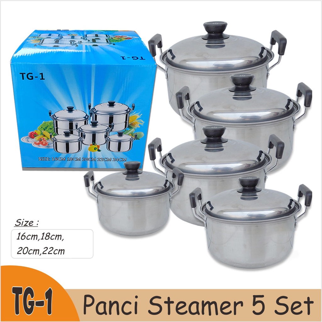 Panci Steamer tutup Stainless dan tutup kaca Tg 1 Set 5 In 1 Steamer Stainless Baskom Kukus Serbaguna