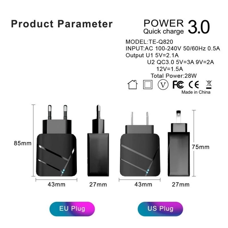 Adapter Charger Handphone 28W Multi Port USB Fast Charging Portable Plug US / EU Dengan Lampu Untuk Travel