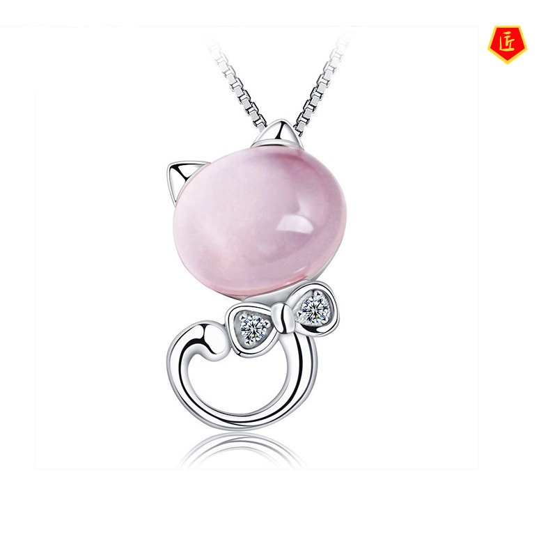 [Ready Stock]Korean Fashion Women Necklace Kitty Pink Crystal Pendant