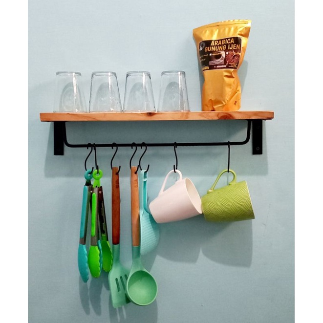 Rak dapur dinding kitchen rak bumbu gantung kayu dan besi