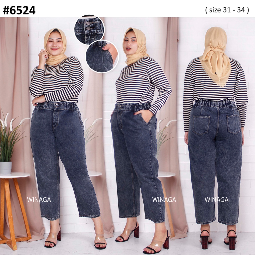 WINAGA- HighWaist Boyfriend Jeans Jumbo Pinggang Karet Kancing 2