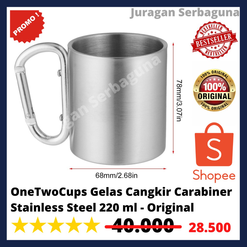 OneTwoCups Gelas Cangkir Carabiner Stainless Steel 220 ml - Original