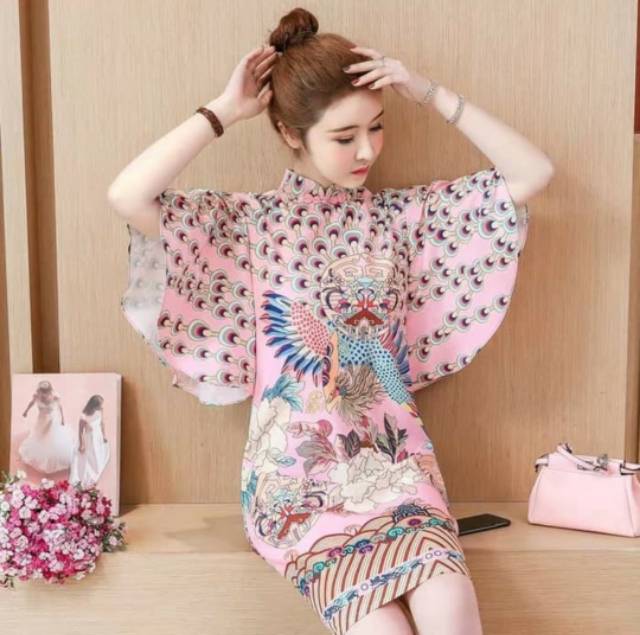 Dress Cheongsam Pink Murah Baju Imlek Congsam Qipao Merak Wanita