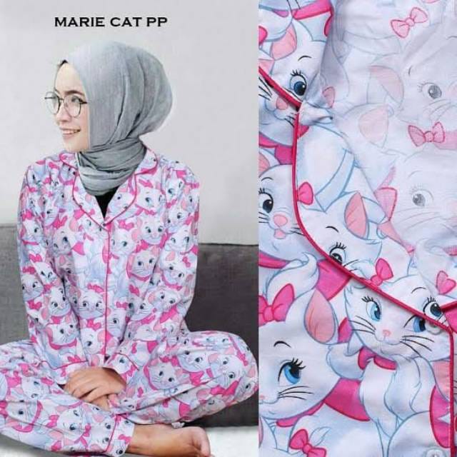 JNV Piyama PP Wanita Motif Karakter Kartun 04 - Baju Tidur Lengan panjang - Bahan Katun-Marie Cat PUTIH