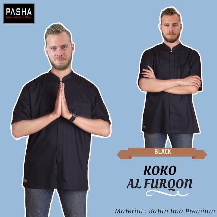 Fashion Muslim - Atasan - Baju Koko Pasha Koko Al Furqon Putih, Hitam Katun Elegan S-M, L-Xl, Xxl-
