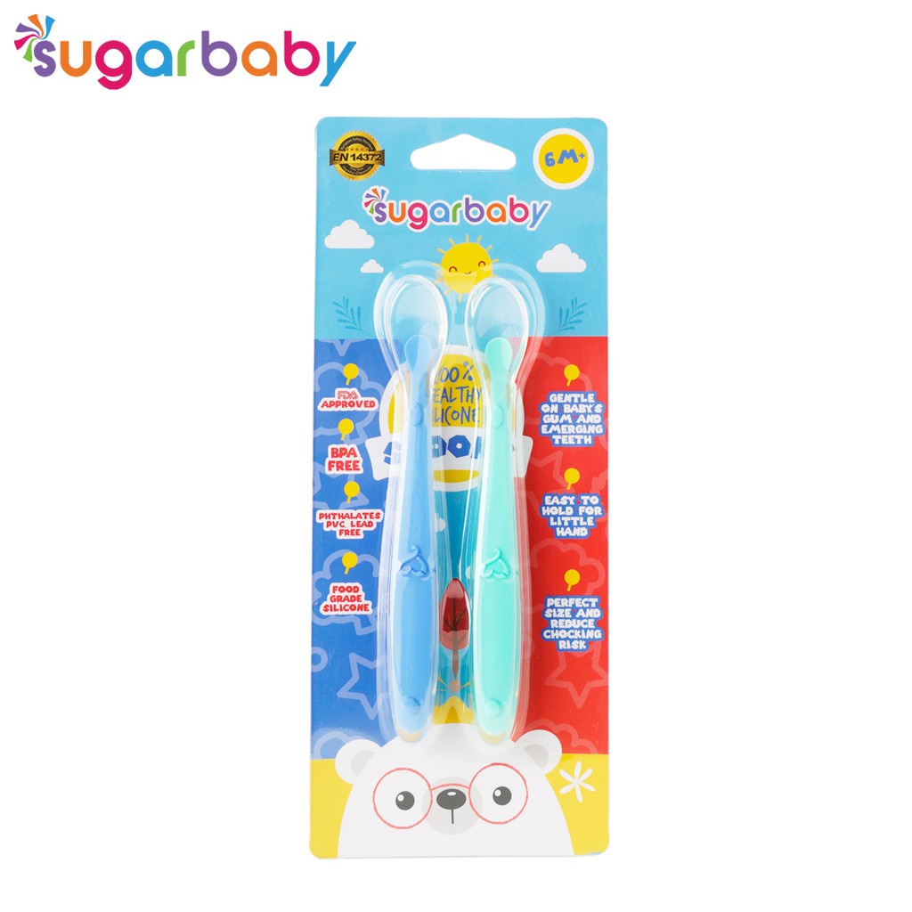 Sugar Baby Healthy Silicone Spoon 2 Set SENDOK 2IN1 SENDOK 2 IN 1  - Blue Green Blue Pink sendok makan bayi sendok aman untuk bayi sugarbaby sendok 2 in 1