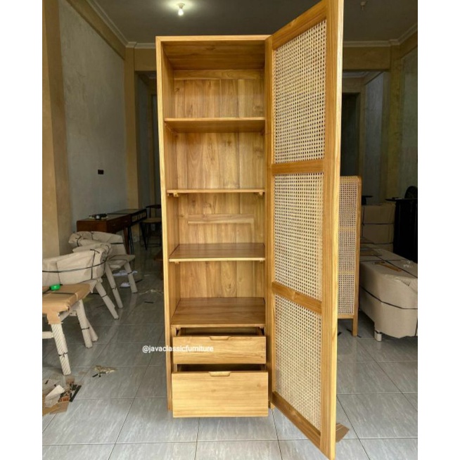 LEMARI ALMARI PAKAIAN ROTAN PINTU 1 RETRO MINIMALIS VINTAGE KABINET BAHAN KAYU JATI GRADE A FINISHING NATURAL BLEACHING BERKUALITAS EXPORT FURNITURE MEBEL JEPARA-2