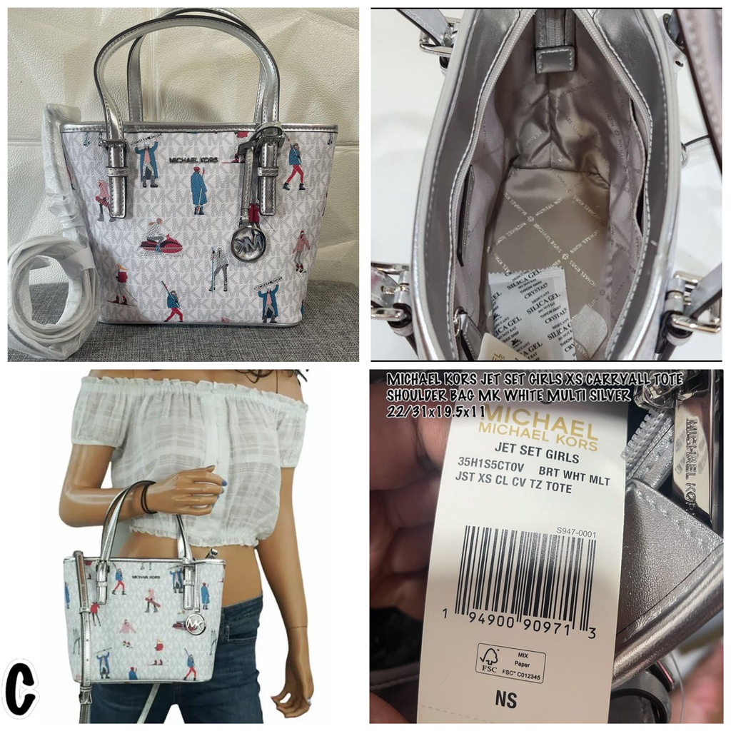 Tas Michael Kors Jet Set Girls Xs Carryall Tote Shoulder Bag MK White Multi Silver NWT