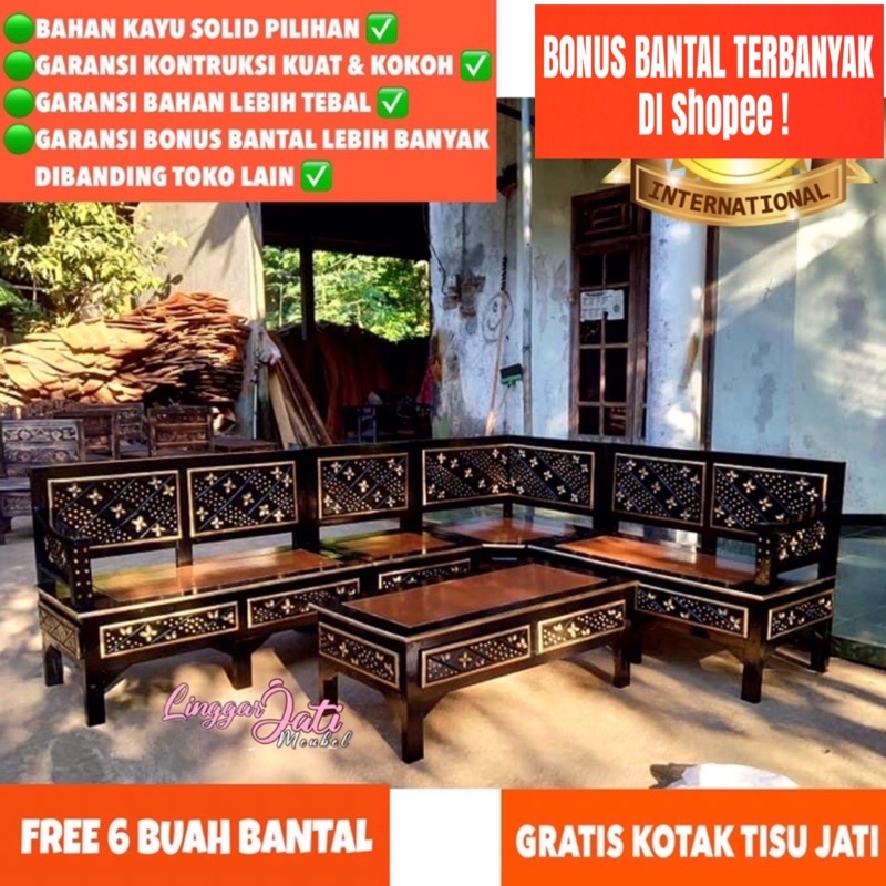 KURSI SUDUT KURSI TAMU KURSI POJOK KURSI L SET KURSI TAMU KURSI KAYU KURSI MURAH FREE BANTAL 6 BUAH