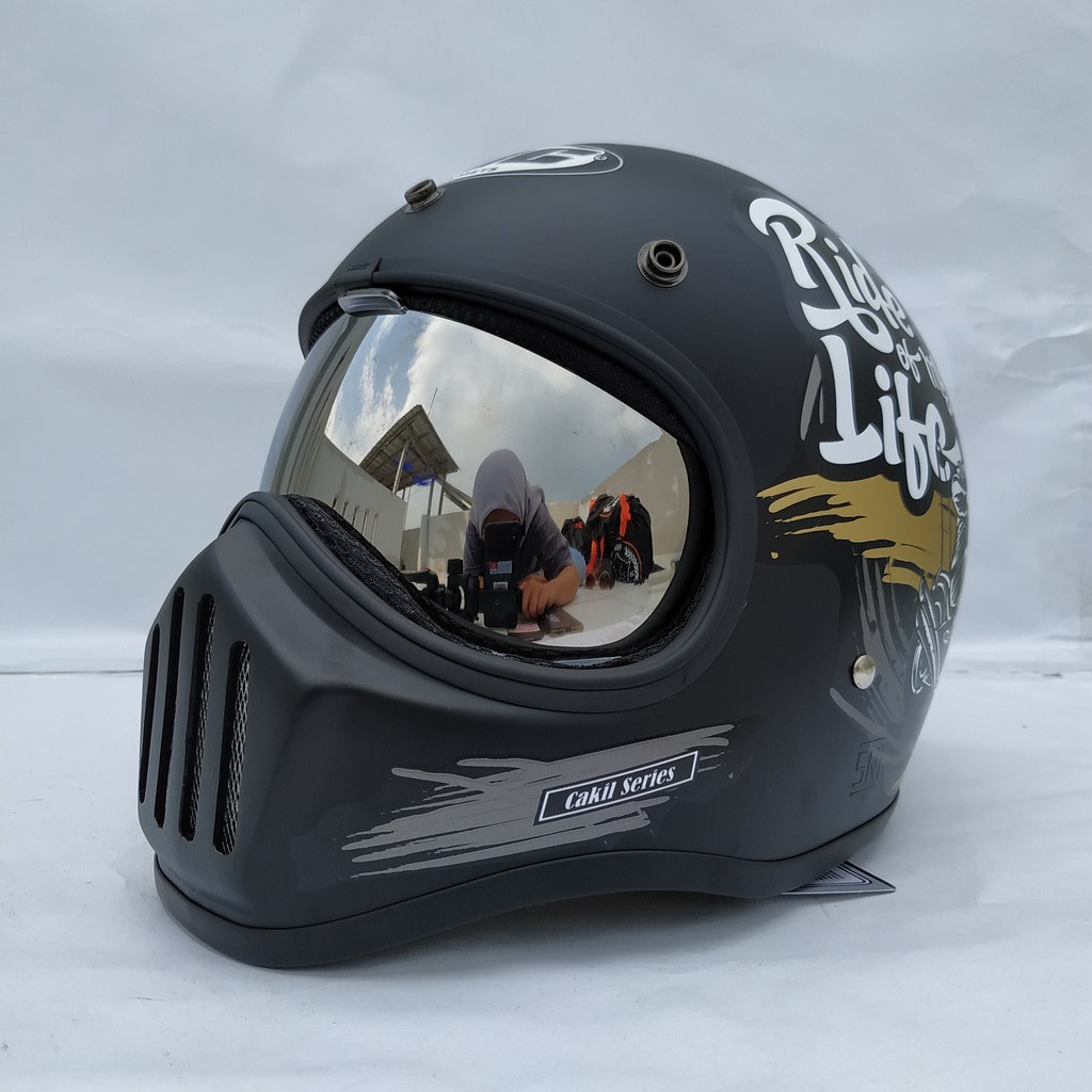 Helm Cakil HBC Ride Of life Black + Inner Visor ( Fullface / Retro / Klasik / Vespa )