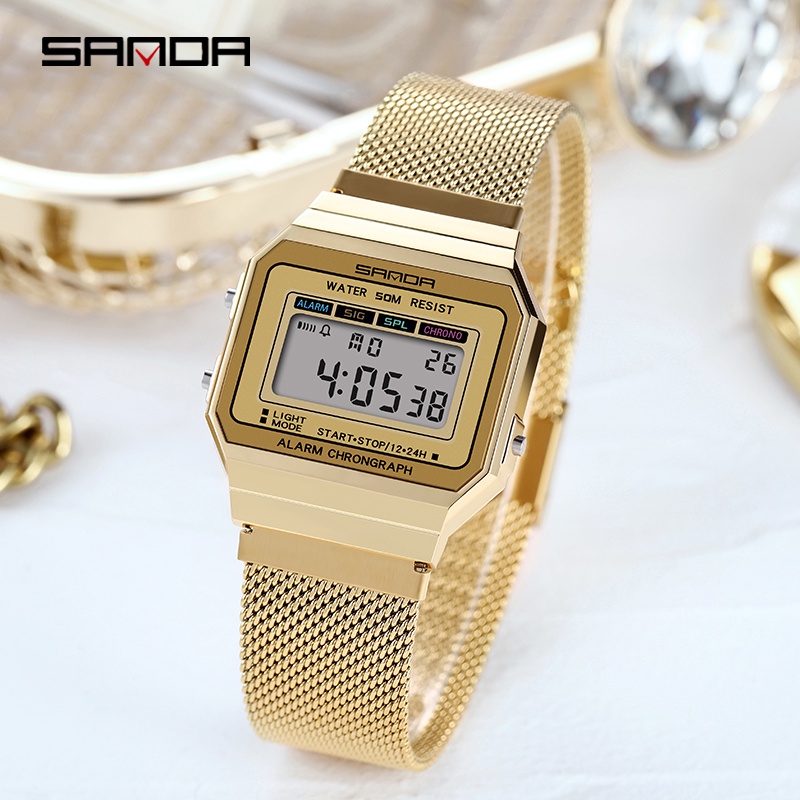 SANDA 6017 Jam Tangan Wanita Digital Sport EL Backlight Tali Stainless Shockproof Anti air WATCHKITE WKOS