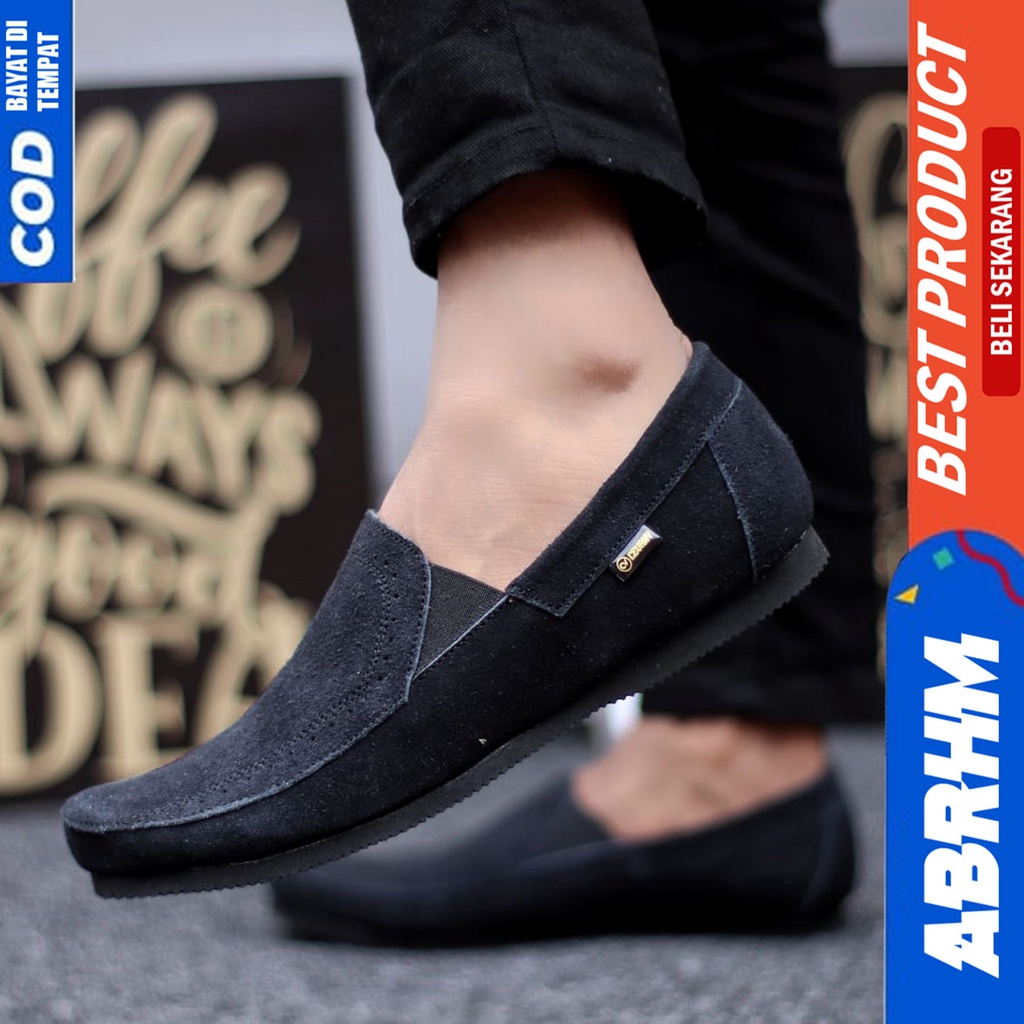 Sepatu Slip On Kulit Asli Kerja Santai Casual Hitam Pria Abrhm Jester