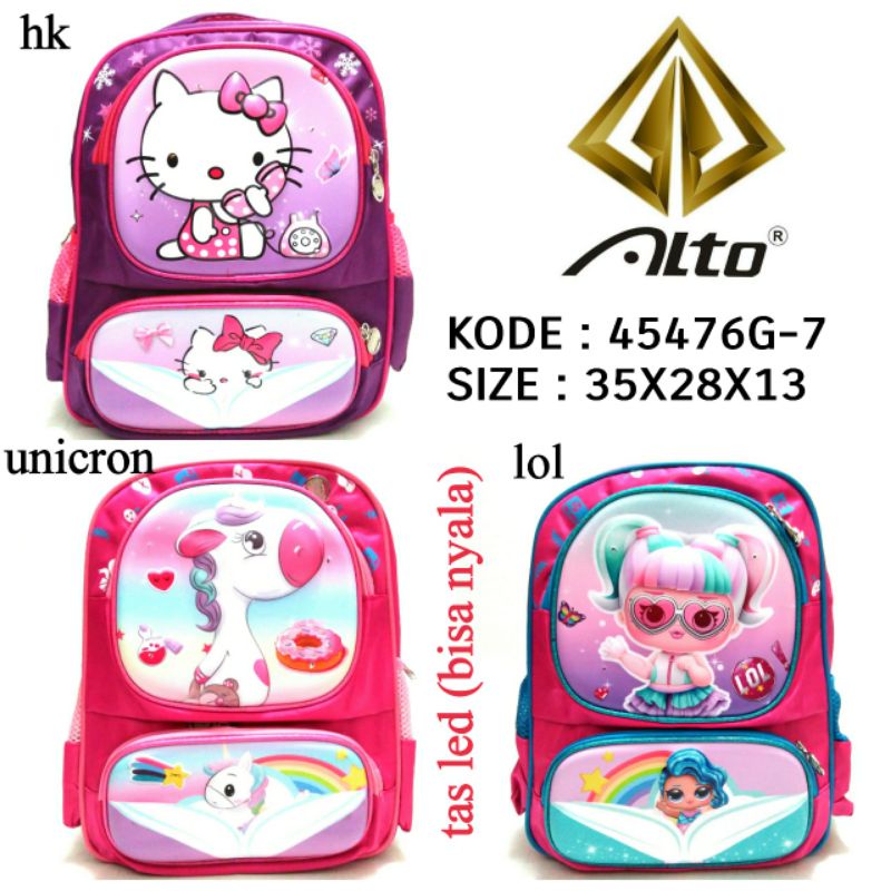 TAS RANSEL SEKOLAH ANAK PEREMPUAN TK ORIGINAL ALTO 45476G-7 LED BISA NYALA LAMPU MOTIF HELLO KITTY LOL UNICORN