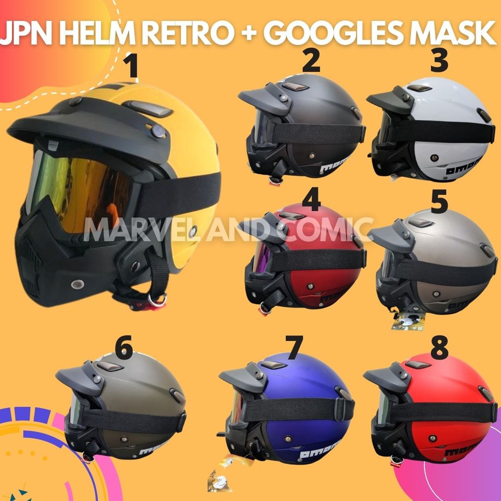 JPN Helm Motor Retro Kawai Momo Googles Kuning Doff