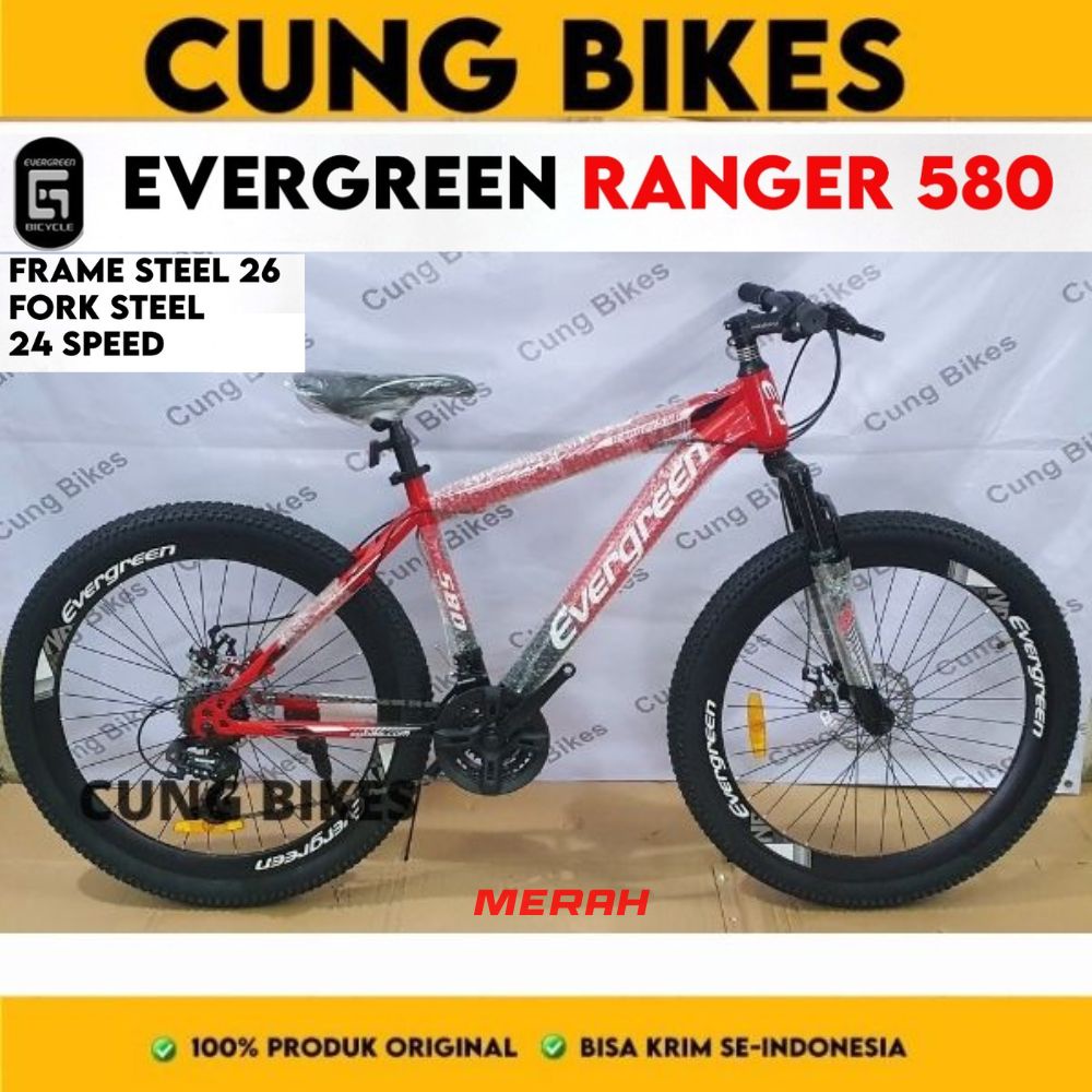 sepeda gunung 26 inch MTB Evergreen Ranger 580 3 x 8 speed mechanical disc brake