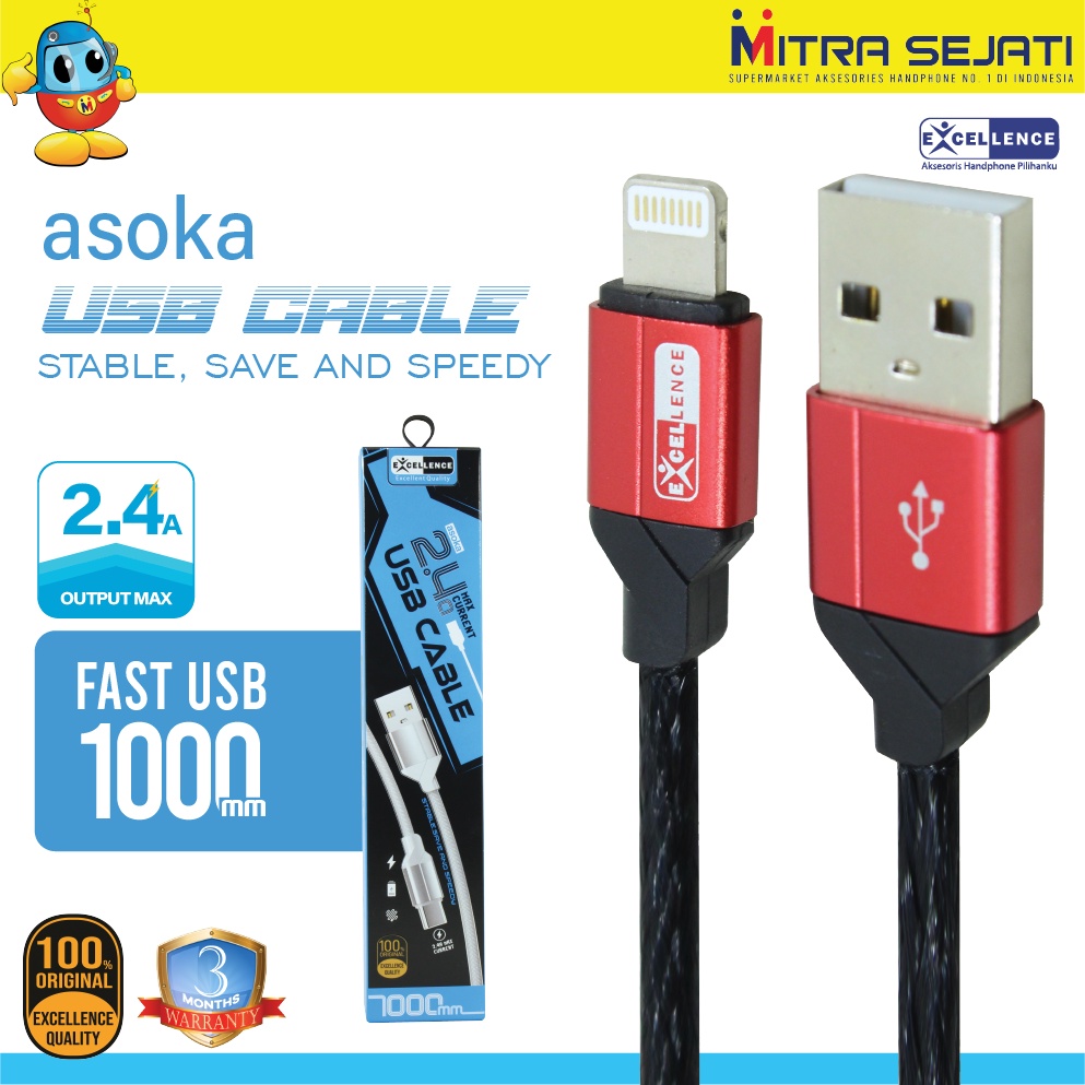 Kabel Data 2.4A Fast Charging Excellence Asoka untuk iPhone/Micro USB/Type-C