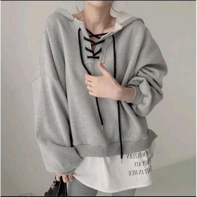 Cross Rope Hoodie Premium Sweat Fleece Wanita Korean Style